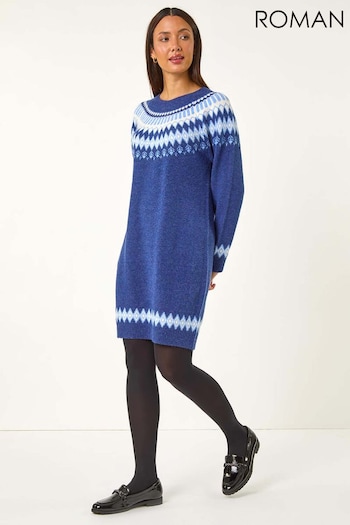 Roman Blue Soft Knit Fairisle Pattern Jumper Dress (AY3070) | £48