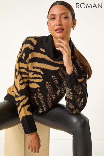 Roman Brown Jacquard Animal Print Roll Neck Knit Jumper (AY3083) | £40