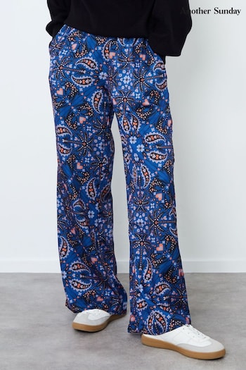 Another Sunday Blue Cobalt Animal Paisley Print Wide Leg Satin Trousers Co-ord (AY3314) | £40