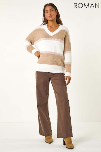 Roman Brown V-Neck Stripe Knit Jumper (AY3336) | £35