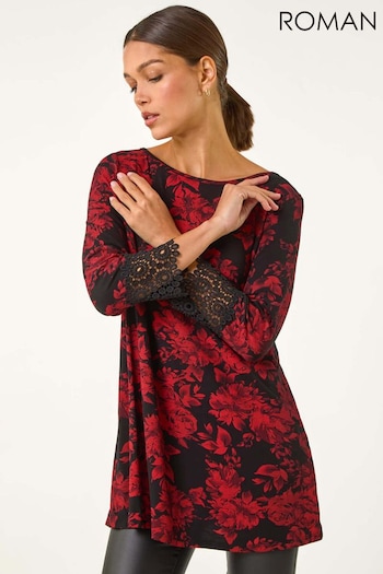 Roman Red Floral Print Lace Trim Stretch Top (AY3401) | £32