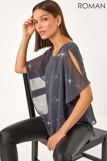 Roman Grey Sequin Asymmetric Overlay Top (AY3594) | £40