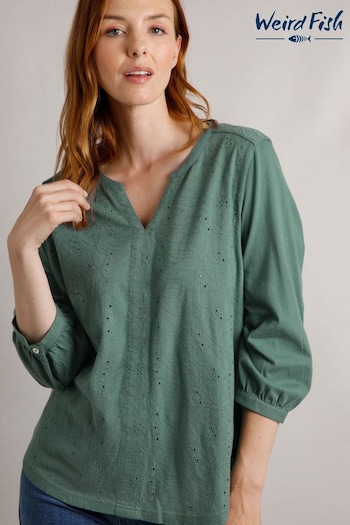 Weird Fish Green 100% Cotton Mabel Jacquard 3/4 Sleeve Top (AY6390) | £45