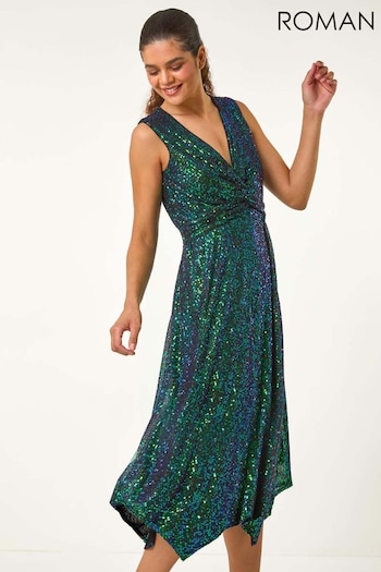 Roman Green Sequin Wrap Twist Front Midi Dress (AY6719) | £80