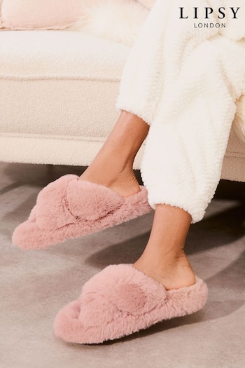 Lipsy Pink Cross Strap Super Soft Faux Fur Nightwear Slippers (AY7039) | £17