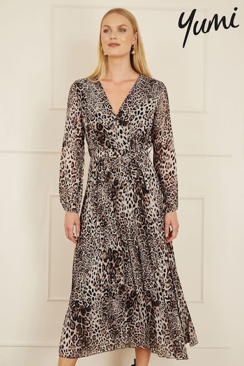 Yumi Brown Leopard Print Pleated Long Sleeve Wrap Midi Dress (AY8524) | £65