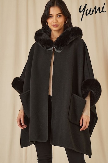 Yumi Black Cape With Luxe Faux Fur Trim And Lining Poncho (AY8702) | £75