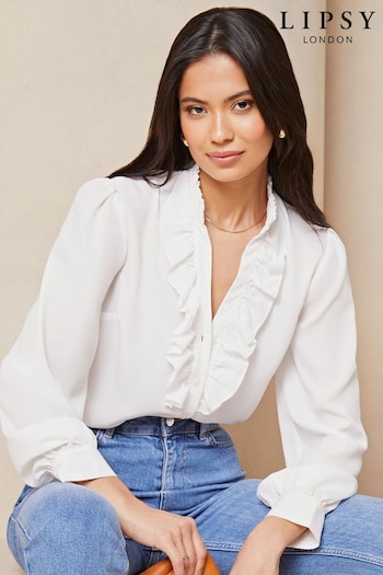 Lipsy White Ruffle Placket V-Neck Blouse (AY9244) | £36