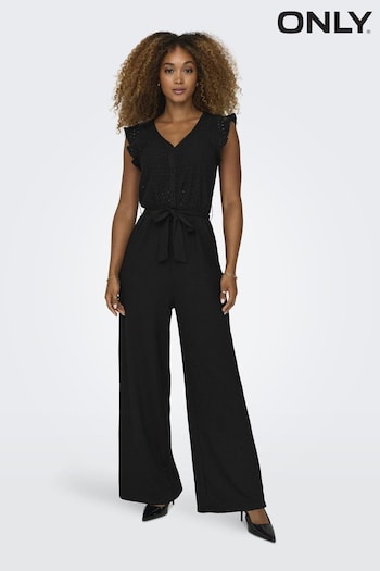 ONLY Black Broderie Top Frill Slevee Wide Leg Jumpsuit (B00143) | £38