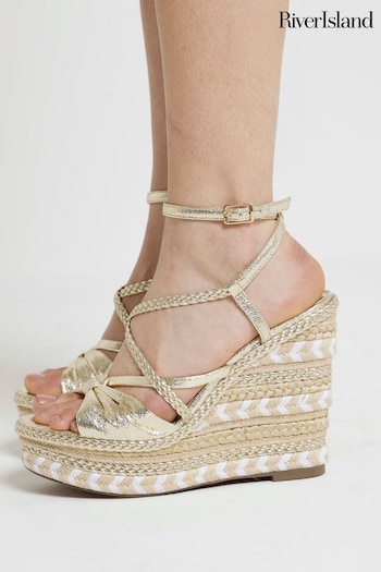 River Island Gold Stone Strappy Wedge Heeled Sandals Greone (B00247) | £60