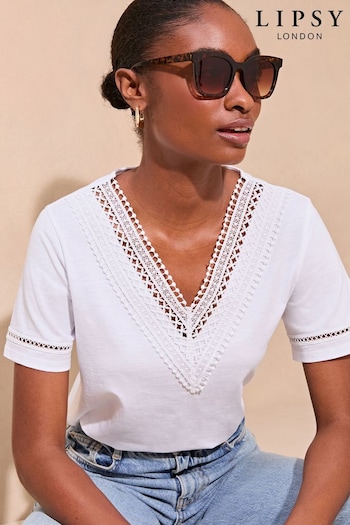 Lipsy White Crochet Trim V Neck T-Shirt (B00248) | £28