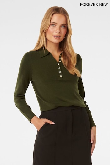 Forever New Green Olive Button Through Polo Jumper (B00409) | £70