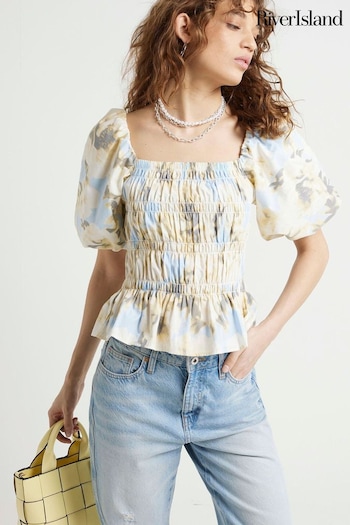 River Island Yellow Light Short Sleeve Floral Shirred Top (B00432) | £35