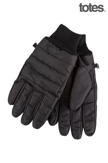 Totes logo-buckle Black Mens Isotoner Water Repellent Padded Gloves with Ribbed Cuff (B00507) | £28