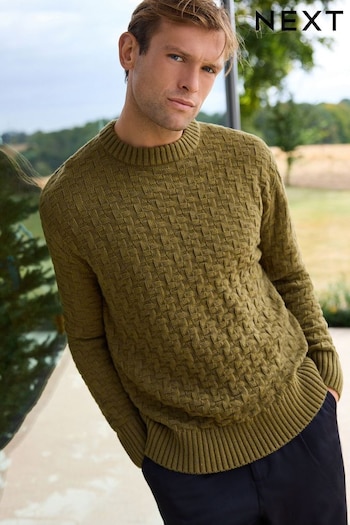 Khaki Green Regular Fit Textured Crew Jumper with Wool (B00592) | £36