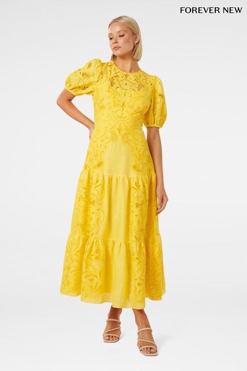Forever New Yellow Pure Linen Lottie Broderie Midi nica Dress (B00616) | £210