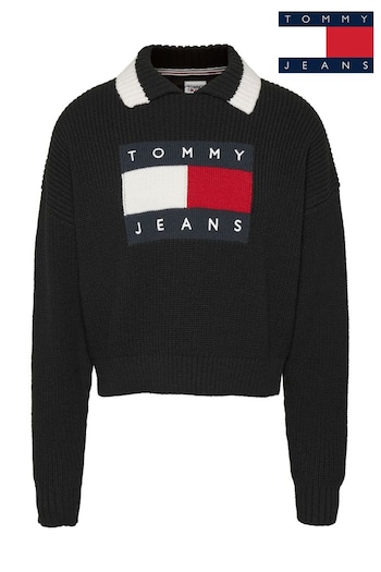 Tommy Jeans Flag Collar Black Jumper (B00652) | £85