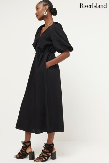 River Island Black Puff Sleeve Belted Dress Fast (B00741) | £50