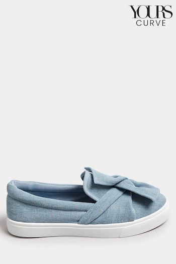 Yours Curve Blue Denim Twisted Bow Slip-On Trainers In Wide E Fit (B00925) | £24