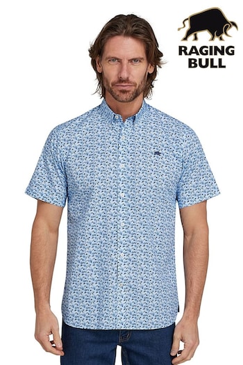 Raging Bull Blue Short Sleeve Ditsy Floral Print Shirt (B01030) | £64 - £74