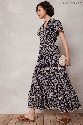 Mint Velvet Blue Navy Floral Print Maxi Dress broderie (B01033) | £149