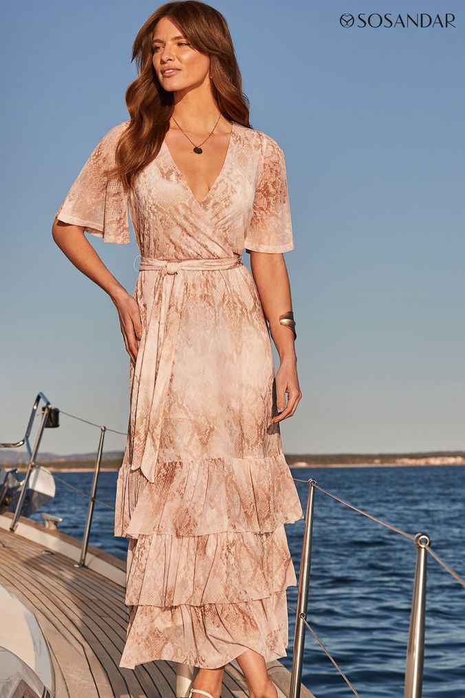 Plunge layered ruffles detail ruched maxi dress 2025