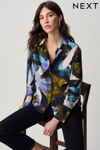 Blue/Green Leaf Print Long Sleeve Button Down Shirt (B01196) | £28