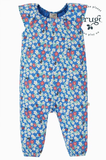 Frugi Blue Crinkle Jersey Floral Fun Print Playsuit (B01228) | £30