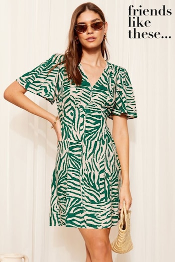 Back To School Green Short Sleeve Ruched Front Woven Mini Dress (B01310) | £35