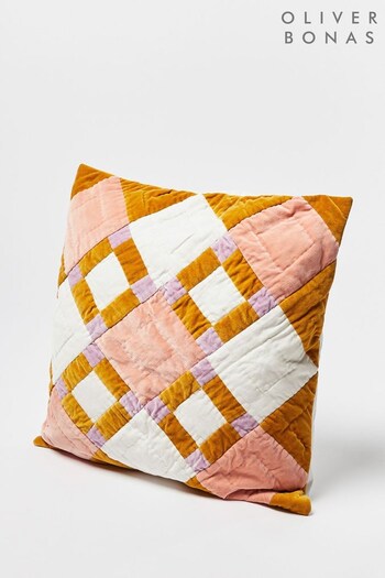 Oliver Bonas Pink Elio Patchwork Velvet Cushion Cover (B01346) | £32.50