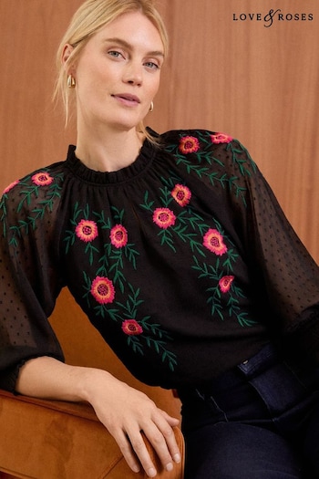 Love & Roses Black Petite Embroidered Ruffle Neck Blouse (B01375) | £42