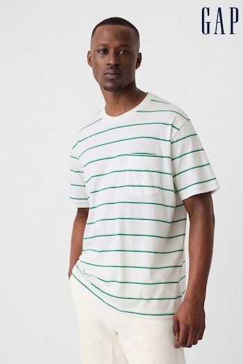 GAP White/Green Stripe Original Pocket Short Sleeve Crew Neck T-Shirt (B01467) | £16