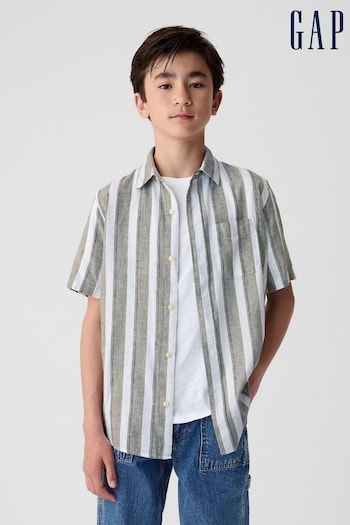Gap Green Stripe Linen Blend Short Sleeve Shirt (4-13yrs) (B01603) | £20