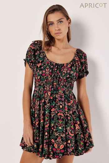 Apricot Black Floral Paisley Layered Mini Dress (B01640) | £35