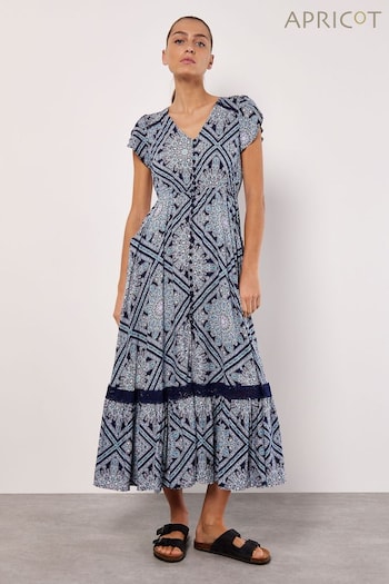 Apricot Blue Scarf Print Crochet Detail Maxi Dress (B01854) | £49
