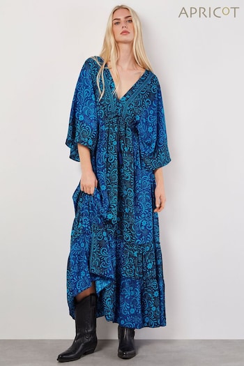 Apricot Blue Floral Satin Kimono Maxi Dress (B02117) | £40