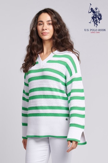U.S. Polo Assn. Oversized Womens Green Pointelle Knit Collar Jumper (B02238) | £70