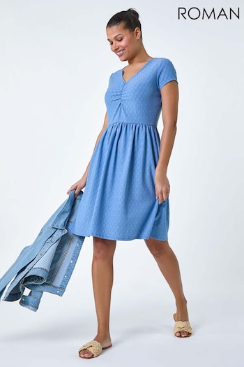 Roman Blue Textured Ruched Stretch Jersey Dress (B02420) | £36