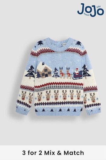 JoJo Maman Bébé Blue Christmas Scene Fair Isle Jumper (B02552) | £35