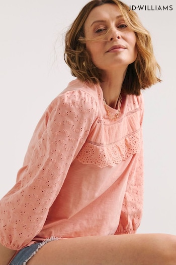 JD Williams Pink Mixed Broderie 3/4 Sleeve Top (B02558) | £24