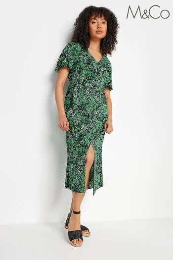 M&Co Green Button Thru Angel Sleeve Dress (B02640) | £34