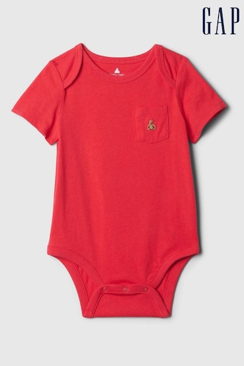 Gap Red Cotton Brannan Bear Pocket Baby Bodysuit (Newborn-24mths) (B02715) | £8