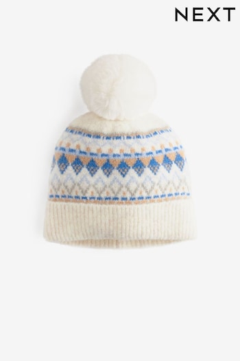 Blue/Ecru Cream Fairisle Pattern Pom Beanie Hat (3-16yrs) (B02723) | £7 - £10