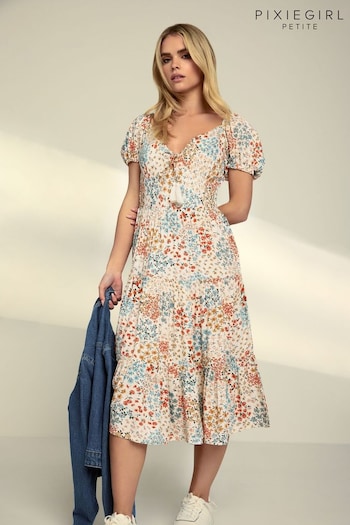PixieGirl Petite drage-print Ditsy Floral Print Tiered Midi Dress (B02753) | £34