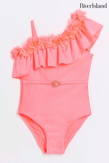 River Island Pink Girls 3D Floral Asym Swimsuit (B02939) | £20