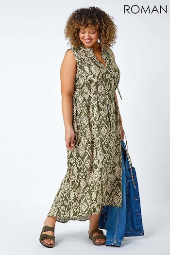 Roman Green Roman Patterned Print Tie Neck Midi Dress (B04015) | £45