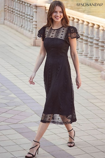 Sosandar Black Broderie Flutter Sleeve Midi Dress (B04117) | £95