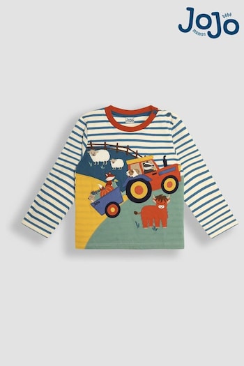 JoJo Maman Bébé Ecru Tractor Farm Long Sleeve Button Shoulder Striped Appliqué Top (B04178) | £18