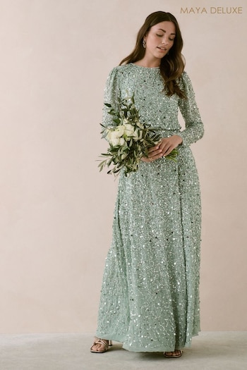Maya Green All Over Embellished Long Sleeve Modest Maxi Dress (B04197) | £195