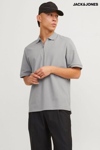 JACK & JONES Grey Textured Zip Up Polo Shirt (B04217) | £25